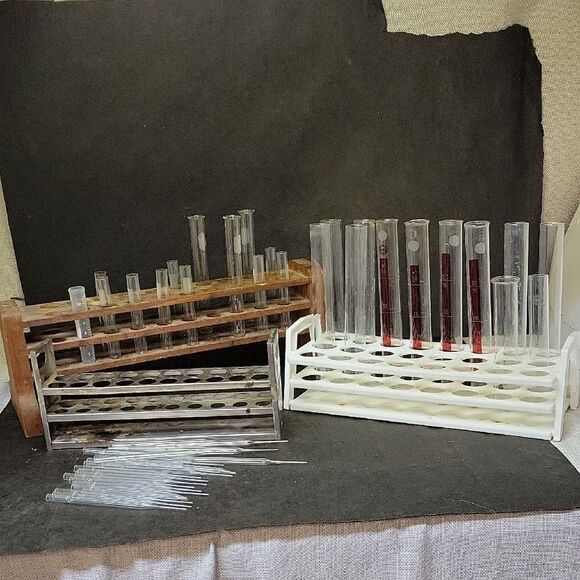 Vintage Test Tube Rack Set with Glass Tubes And Small Pipettes - Picture 1 of 16